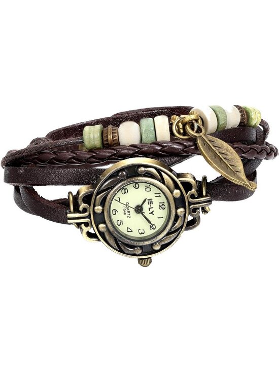 Accessories - Women's Leaf Brown Fashion Vintage Classic Weave Wrap Around Quartz Wristwatch